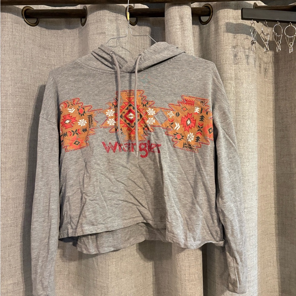 Wrangler Cropped Gray Hoodie with Colorful Aztec Pattern